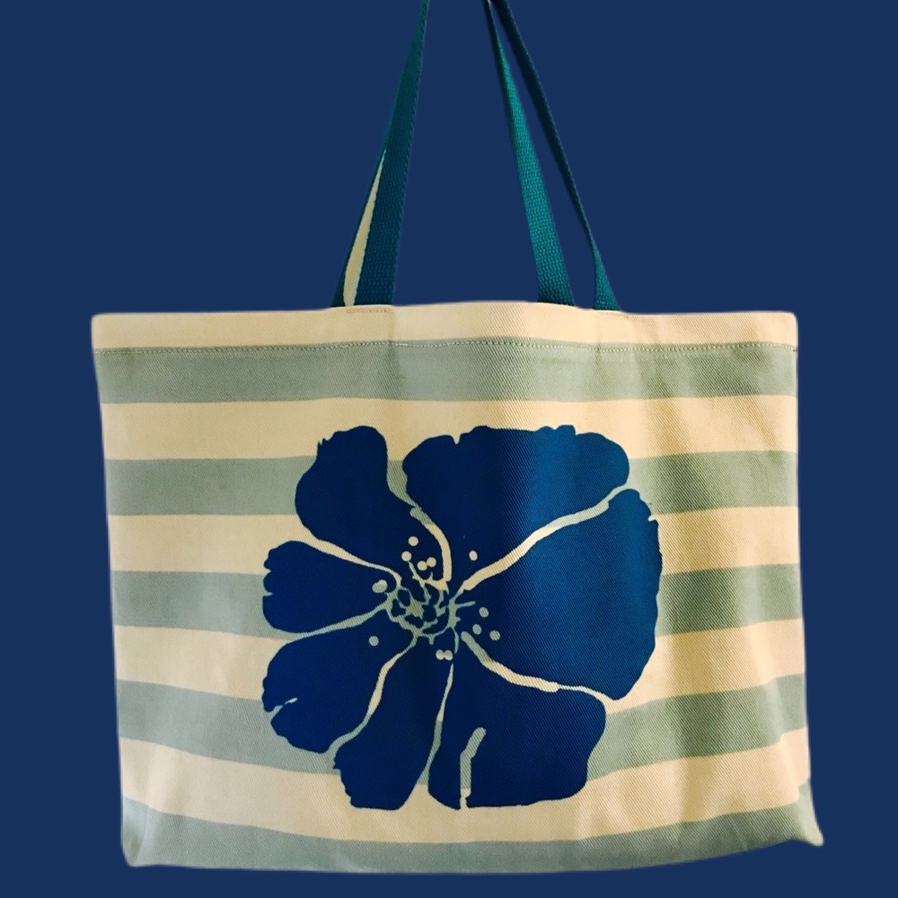 NWT- Bright Blue Flower Handprinted on Blue and White Stripe Tote Bag.